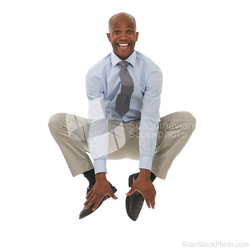 Image of Happy businessman, portrait and jump in joy for business, success or celebration on a white studio background. Excited young black man leaping with smile in fashion or formal clothing on mockup space