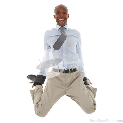 Image of Happy black man, portrait and jump for business, success or celebration on a white studio background. Excited African male person leaping with joy and smile in fashion or formal clothing on mockup