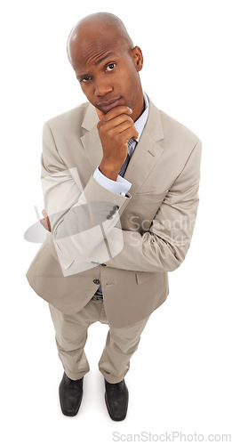 Image of Studio portrait, thinking and professional black man serious for business work, career vocation or job experience. Skeptical, focus and top view of African businessman isolated on white background