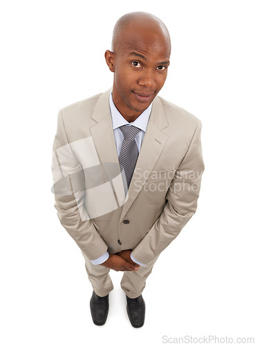 Image of Studio portrait, top view and professional black man for business services, career work or realtor job experience. Eyebrow raise, entrepreneur and African real estate agent on white background