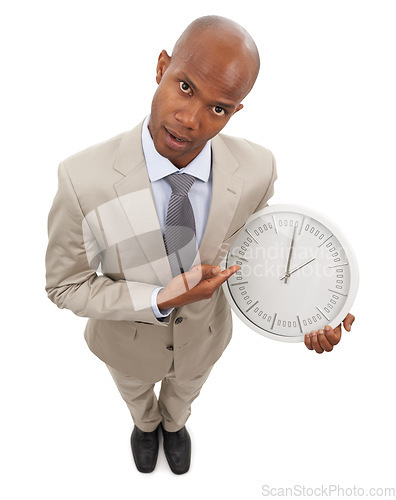 Image of Businessman, portrait and clock for corporate professional lawyer for work deadline, hurry or time management. Black person, face and white background in studio for company efficient, hour or mockup