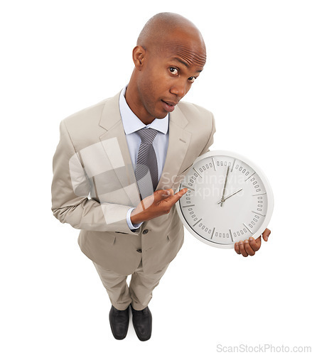 Image of Businessman, portrait and face clock for corporate professional lawyer for deadline, hurry or time management. Black person, point and white background in studio for company efficient, hour or mockup