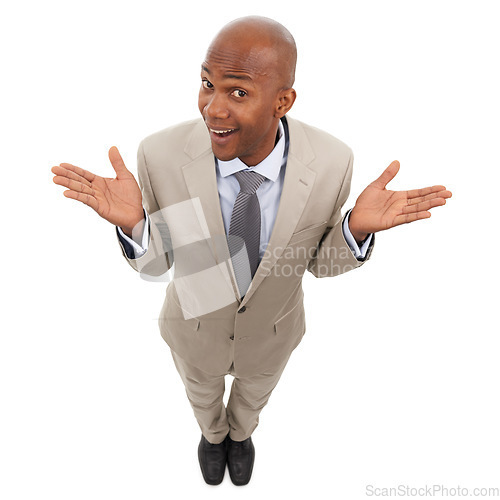 Image of Professional portrait, studio and black man confused on business choice, company questions or corporate decision. Body language, dont know gesture and top view of agent shrug on white background