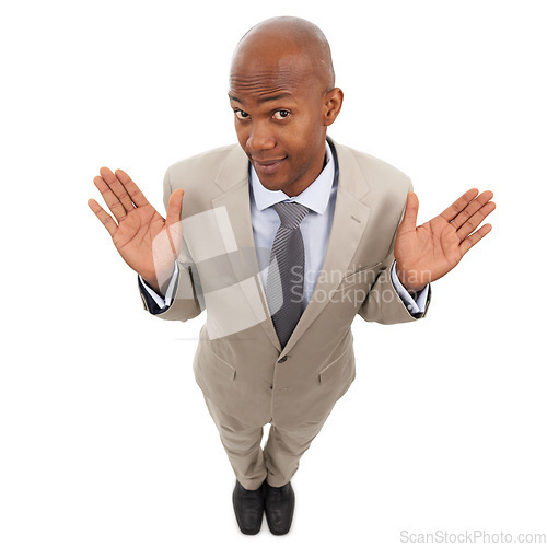 Image of Businessman, portrait and shrug in studio white background from above for professional dispute as lawyer, work or corporate. Male person, face and hands as model or dont know, job or mockup space