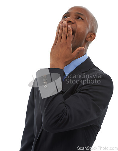 Image of Yawn, business and tired with black man, fatigue and employee isolated on a white studio background. African person, entrepreneur and consultant with fatigue, exhausted and overworked with burnout