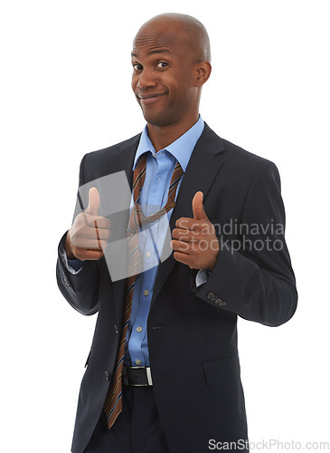 Image of Businessman, portrait and thumbs up for corporate deal in studio for attorney client, winning or agreement. Male person, face and hand gesture on white background for goals, growth or mockup space