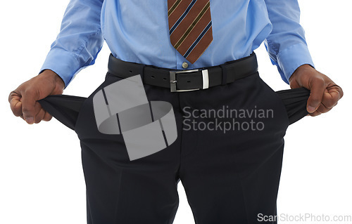 Image of Person, hands and empty pocket as business professional for no money or unemployed, debt or financial crisis. Fingers, pants and stock market crash or problem in studio, white background or mockup