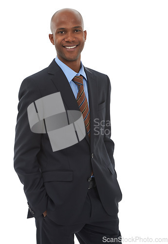 Image of Businessman, portrait and smile in studio for confidence as attorney for corporate deal, clients or professional. Male person, face and white background or pride as entrepreneur, mockup or startup