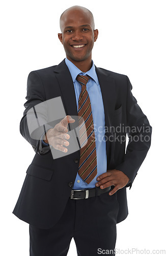 Image of Portrait, business and black man offer handshake in studio for b2b deal, welcome and thank you on white background. Happy worker shaking hands for recruitment, introduction and onboarding negotiation