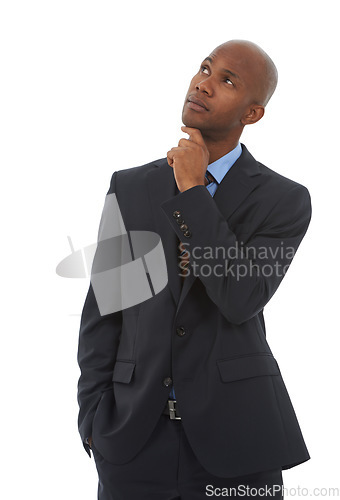 Image of Business, black man and thinking in studio of ideas, future decision and memory on white background. Corporate worker daydream of choice, planning solution and brainstorming questions, insight or why