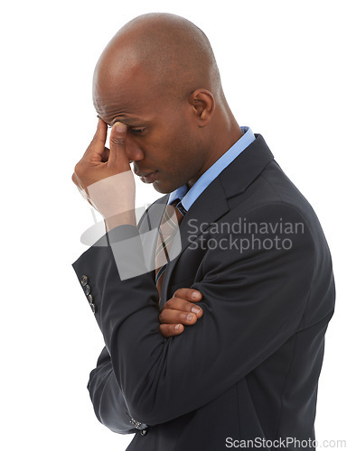 Image of Frustrated businessman, headache and mistake in stress, anxiety or mental health on a white studio background. Tired young black man or employee with migraine in burnout, debt or financial crisis