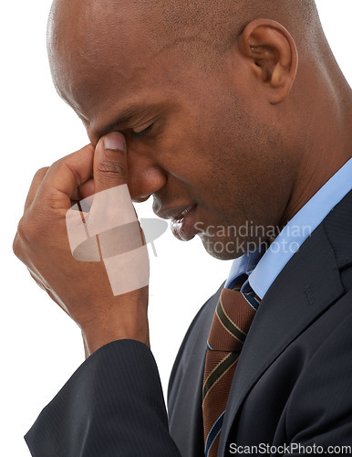 Image of Businessman, face and headache in mistake, stress or burnout on a white studio background, Closeup of black man or frustrated employee in fatigue, anxiety or depression with migraine or mental health