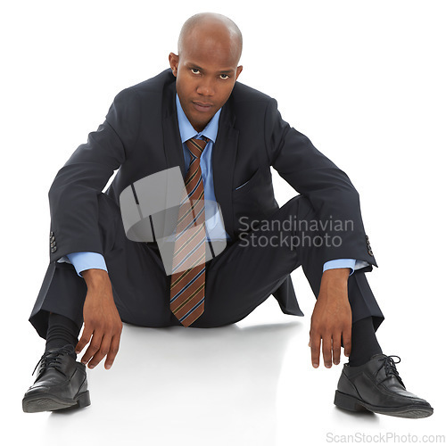 Image of Businessman, portrait and sitting in studio or tired burnout for project proposal deadline, lawyer or white background. Male person, face and unhappy or overworked employee fatigue, mockup or fail