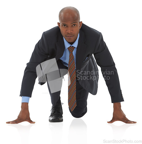 Image of Businessman, portrait and start position for corporate competition or race for promotion, growth or raise. Male person, face and running to company law goals or white background, studio or mockup