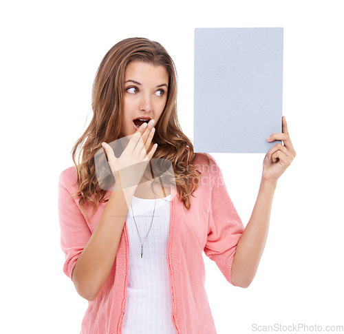 Image of Woman, blank poster and shock for mockup space in studio, paper and bulletin for announcement. Surprised female person, board and placard for promotion and advertisement, news and white background