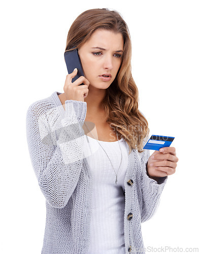 Image of Woman, credit card and phone call for ecommerce, stress and online payment for purchase in studio. Female person, confusion and transaction on technology, customer experience and white background