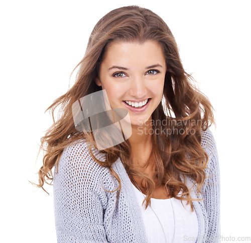 Image of Happy woman, hair and portrait in studio for beauty, treatment or shampoo results on white background. Haircare, smile and female model with conditioner, shine or texture, growth and satisfaction