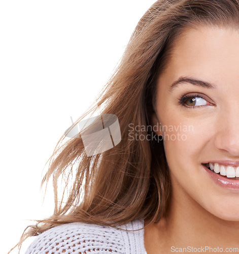 Image of Woman, wellness and cosmetics in studio, smiling and confidence for haircare on white background. Happy female person, makeup and pride for beauty, satisfaction and positive attitude on half face