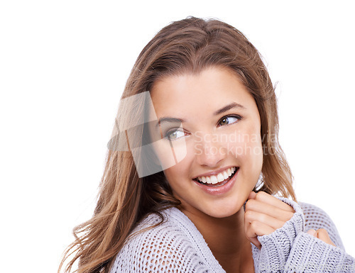 Image of Happy woman, face and natural beauty with hair, cosmetics and dermatology with keratin treatment on white background. Skincare, shine and wellness with hairstyle, glow and haircare in studio