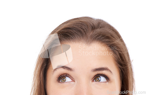 Image of Thinking, eyes and woman closeup in studio for brainstorming, idea or solution on white background. Looking up, curious or female model with why, questions or planning emoji, problem solving or guess