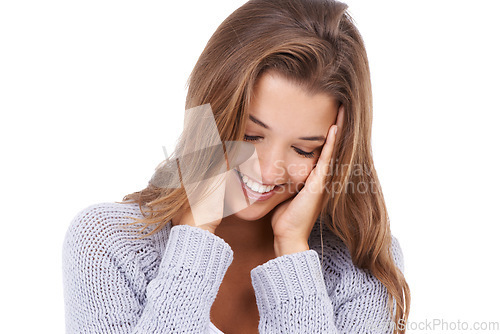 Image of Hands, face and shy woman in studio for hair, beauty or shampoo results on white background. Haircare, smile and female model with conditioner, treatment or smooth, texture or growth satisfaction