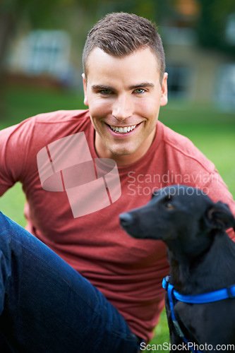 Image of Man, dog and portrait at outdoor park for bonding connection, pet training for obedience. Male person, animal and face at rescue shelter garden for happy home care, environment walk on grass field