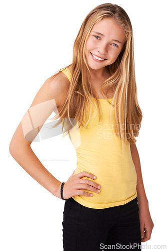 Image of Casual, fashion or portrait of happy girl teenager in studio isolated on white background with pose. Pride, cool child or confident model with smile, modern style or trendy clothes with hand on hip