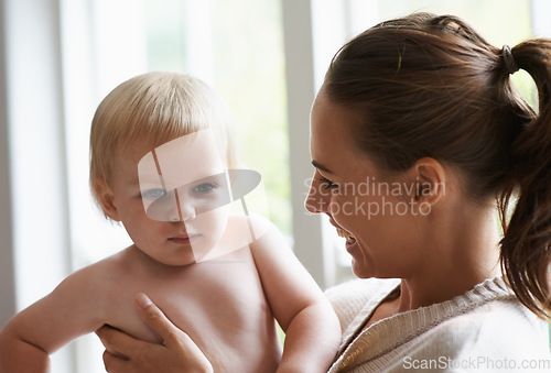 Image of Mother, baby boy and house with parent, home and happiness, love and family support. Toddler, motherhood and infant child with face, development and bonding together for kids childhood memories