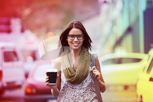 Image of Happy, woman and portrait of coffee break in city, street or outdoor on holiday or vacation in summer. Takeaway, tea and college student walk in town with beverage in a cup and freedom on adventure