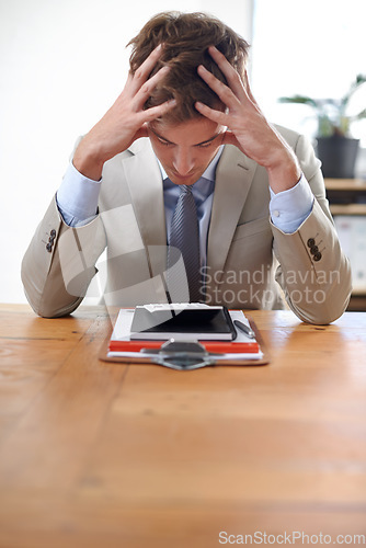 Image of Businessman, accountant and burnout or stress in office, mental health and bankrupt or overwhelmed. Male person, paperwork and frustrated in workplace, deadline and depression or mistake and fail