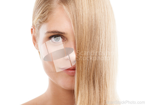 Image of Woman, hair and beauty with face, cosmetics for healthy skin glow with volume or growth on white background. Self care, model with haircare and dermatology for skincare in portrait in a studio