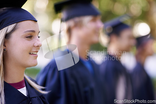 Image of Woman, graduate and university achievement for education with ceremony outdoor. Certified, smile and graduation event for academic success, higher learning and certification with pride and profile