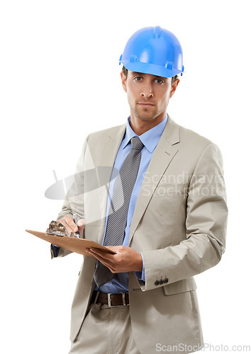 Image of Businessman, portrait and architect with clipboard or hard hat for signing or inspection on a white studio background. Man, contractor or engineer with documents for architecture or construction