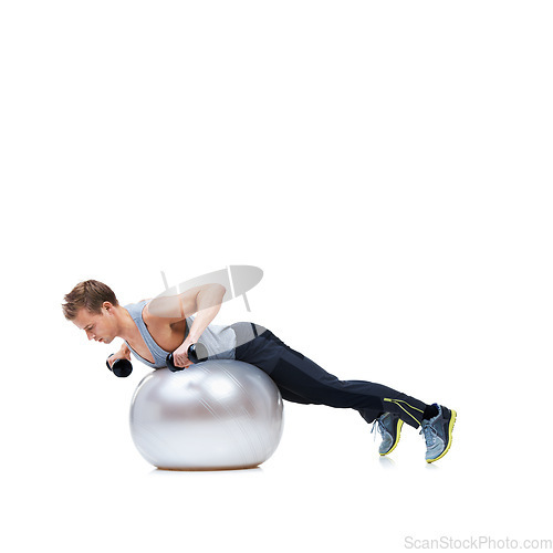 Image of Man, push ups and dumbbells on exercise ball for fitness, workout or health and wellness on a white studio background. Active male person or athlete in weightlifting, training or balance on mockup