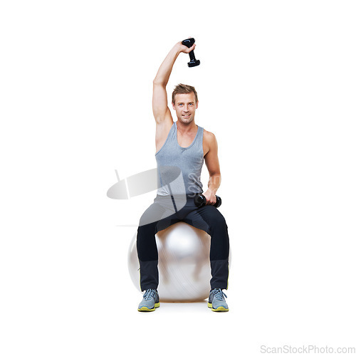 Image of Man, ball or portrait in studio for dumbbell workout performance, wellness or white background. Strong male athlete, overhead extension or fitness for mockup space, body challenge or weights training