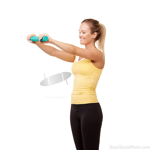 Image of Happy woman, grip and resistance for arm workout isolated against a white studio background. Young female person or athlete smile with flex band in gym exercise, training or fitness on mockup space