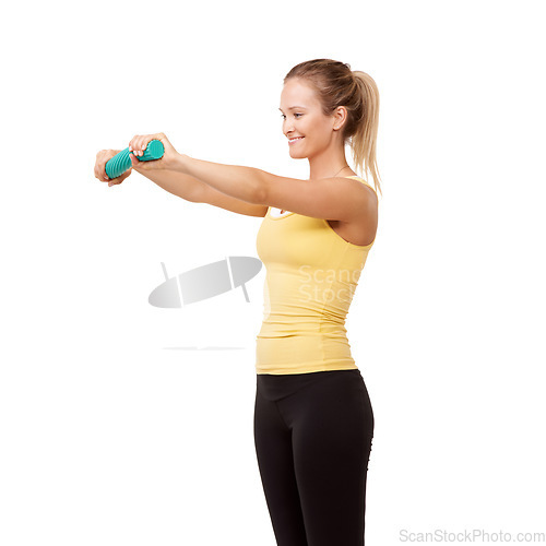 Image of Happy woman, grip and resistance for arm exercise isolated against a white studio background. Young female person or athlete smile with band or tube in workout, training or fitness on mockup space