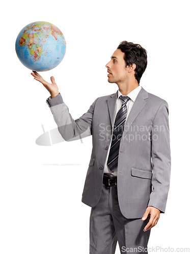 Image of Business man with globe, planet or earth isolated on a white studio background. Person in suit, world map and geography, environment conversation and future protection, ecology and sustainability