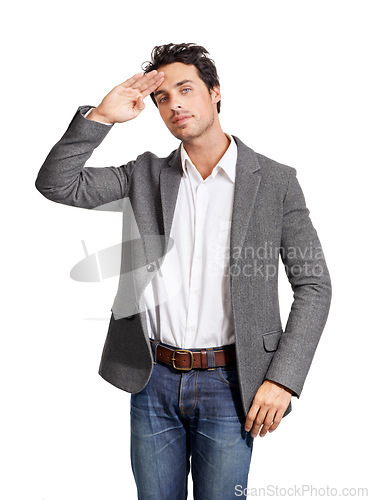 Image of Portrait, salute and business man in studio with hand gesture for hello, respect or honor on white background. Palm, face and male entrepreneur with finger emoji for greeting, hi or attention wave