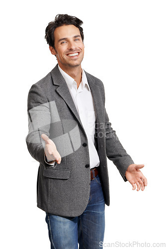 Image of Happy, portrait and business man with handshake offer in studio for welcome or hello on white background. Face, thank you and male entrepreneur smile with shaking hands emoji, support or pov b2b deal