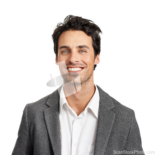 Image of Happy, portrait or business man in studio with positive mindset, attitude or good mood on white background. Face, smile or male lawyer cheerful for new job, first day or career choice at a law firm