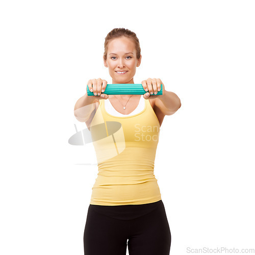 Image of Happy woman, portrait and grip for resistance or arm exercise isolated against a white studio background. Young female person, athlete and band or tube in workout, training or fitness on mockup space