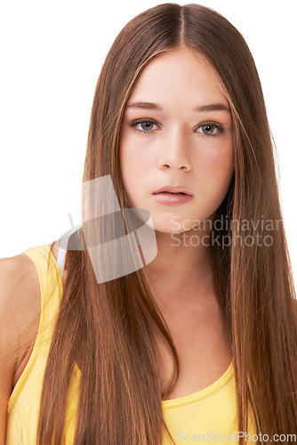 Image of Cosmetics, fashion and portrait of girl on a white background with attitude, confidence and style. Teenager, youth and isolated young person with trendy clothes, casual outfit and stylish in studio