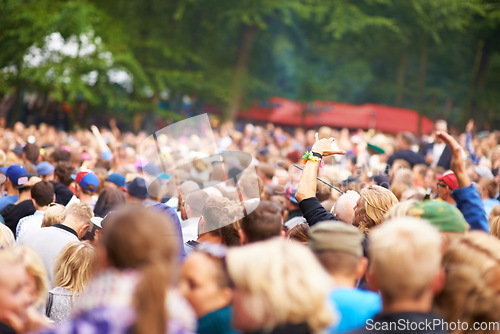 Image of Music festival, crowd and outdoor dancing for celebration event party, listening disco in nature forest. People, concert and social experience for audio carnival performance, audience in summer rave