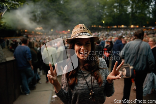 Image of Happy woman, portrait and peace sign at music festival for party, event or DJ concert in nature. Excited female person smile in night crowd or audience at carnival, performance or summer fest outside