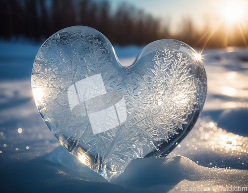 Image of Beautiful ice heart covered with frost pattern and illuminated b