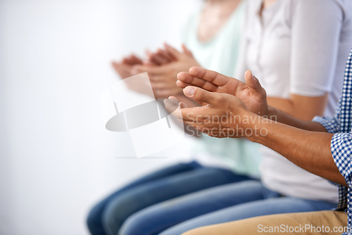 Image of Meeting, hands and business people with applause in support of conference, success or motivation zoom. Clapping, audience and closeup of crowd with praise for thank you, congratulations or welcome