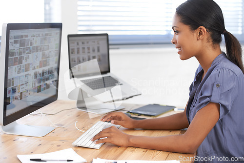 Image of Business woman, computer screen and social media planning, marketing and graphic design of digital project. Young online designer with images on desktop for catalog update or website asset management