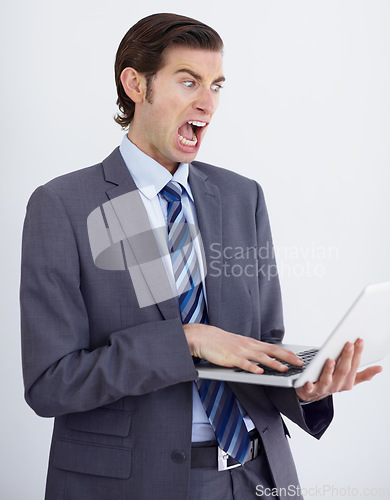 Image of Face, businessman and scream with laptop in studio for glitch mock up on white background. German person, consultant or corporate with technology for error, 404 or mistake on website, internet or app