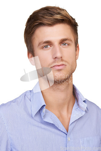 Image of Businessman, serious and face by white background in studio for about is, professional and career development. Portrait, worker and corporate employee on backdrop for consultant internship confidence